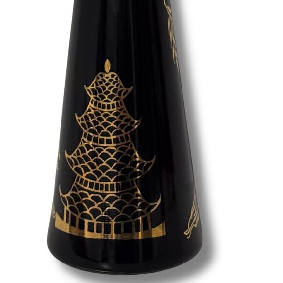 Vintage Black Glass Vase Gold Pagoda & Willow Tree Design - Picture 4 of 11